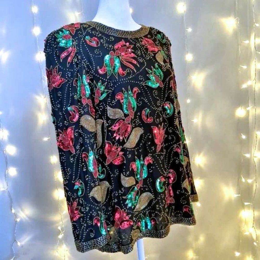 Vintage 1980s Joan Leslie Evenings Silk Beaded Top Floral Gold Christmas Size S
